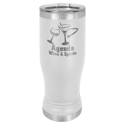 Personalized 14 oz. insulated stainless steel pilsner with clear lid and custom engraved name or design