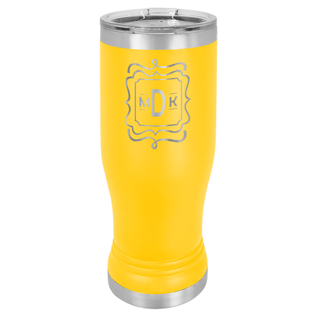 Personalized 14 oz. insulated stainless steel pilsner with clear lid and custom engraved name or design
