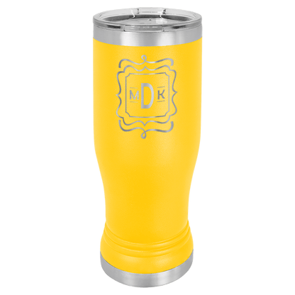 Personalized 14 oz. insulated stainless steel pilsner with clear lid and custom engraved name or design
