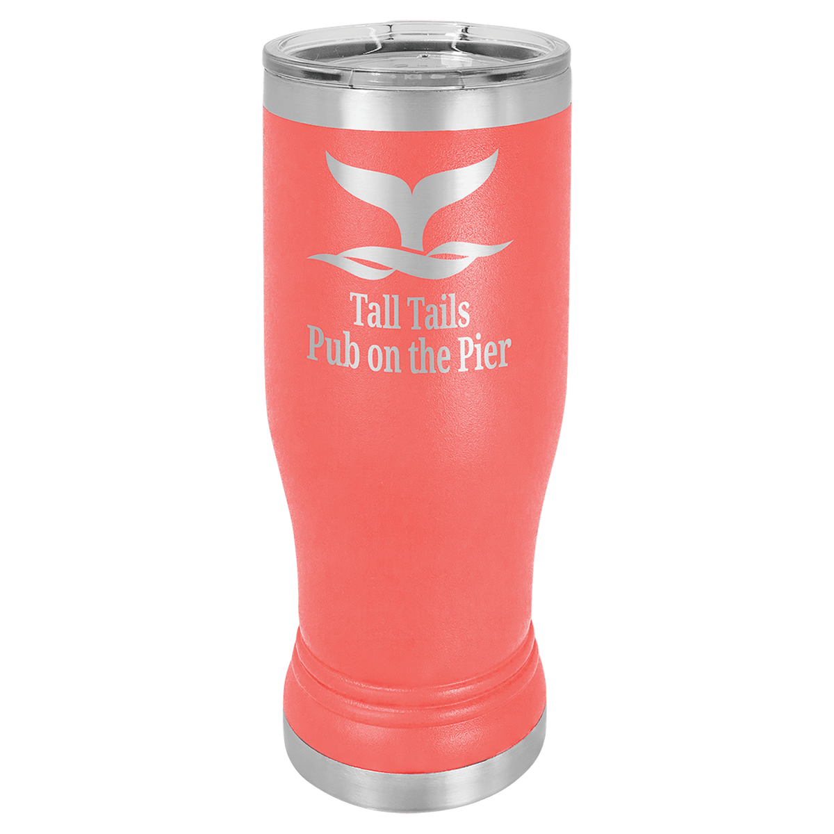 Personalized 14 oz. insulated stainless steel pilsner with clear lid and custom engraved name or design