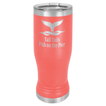 Personalized 14 oz. insulated stainless steel pilsner with clear lid and custom engraved name or design