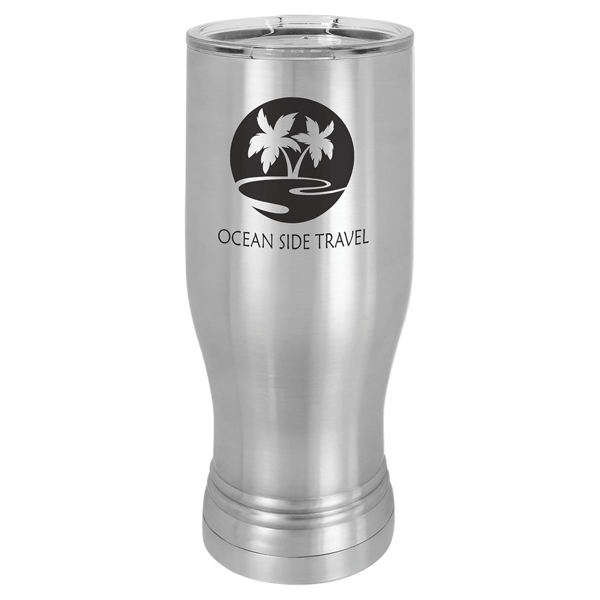 Personalized 20 oz. insulated stainless steel pilsner with clear lid and custom engraved name or design