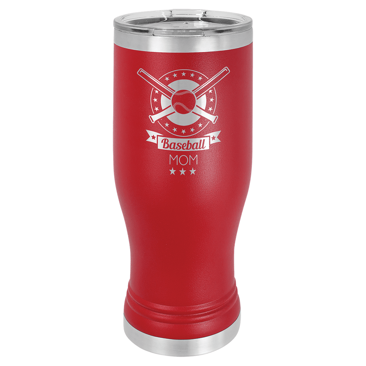 Personalized 20 oz. insulated stainless steel pilsner with clear lid and custom engraved name or design