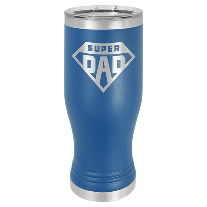 Personalized 20 oz. insulated stainless steel pilsner with clear lid and custom engraved name or design
