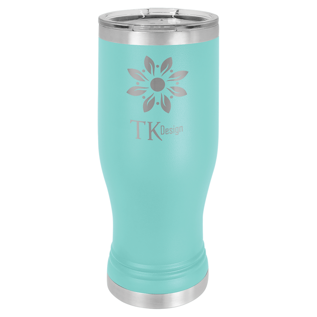 Personalized 20 oz. insulated stainless steel pilsner with clear lid and custom engraved name or design