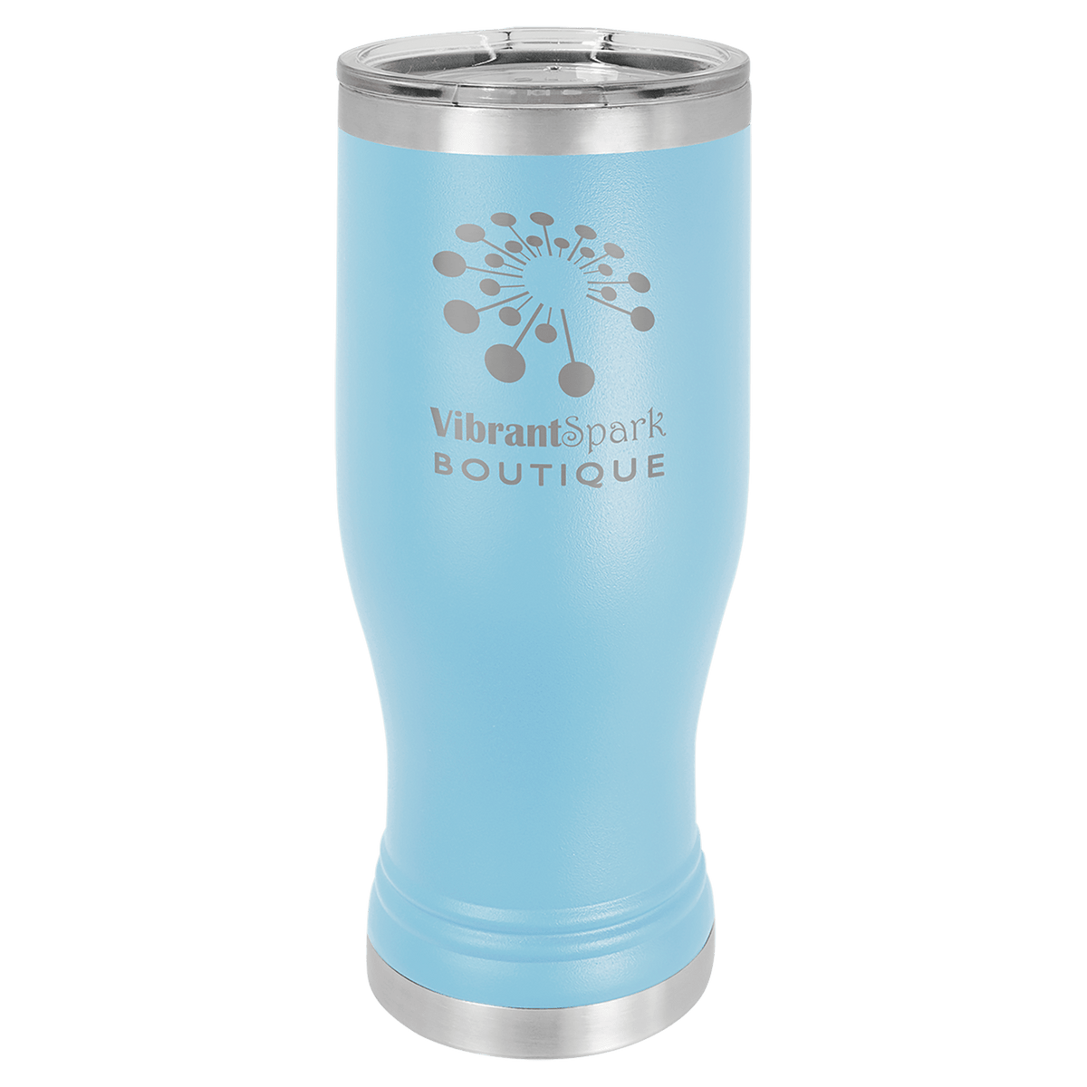 Personalized 20 oz. insulated stainless steel pilsner with clear lid and custom engraved name or design