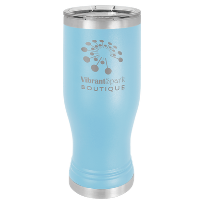 Personalized 20 oz. insulated stainless steel pilsner with clear lid and custom engraved name or design
