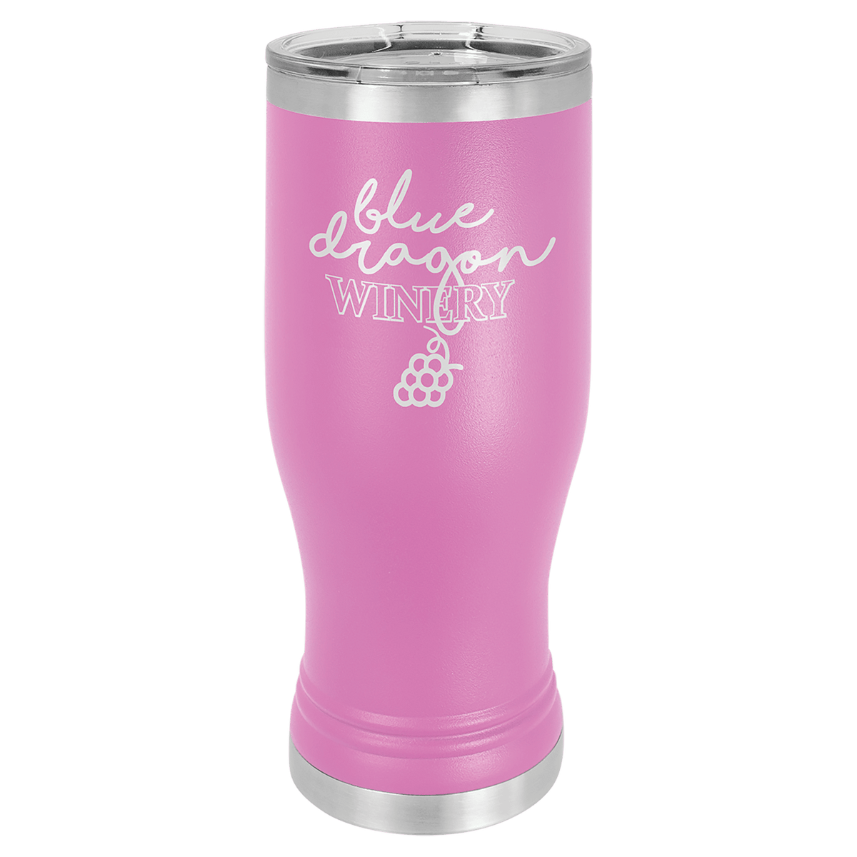 Personalized 20 oz. insulated stainless steel pilsner with clear lid and custom engraved name or design