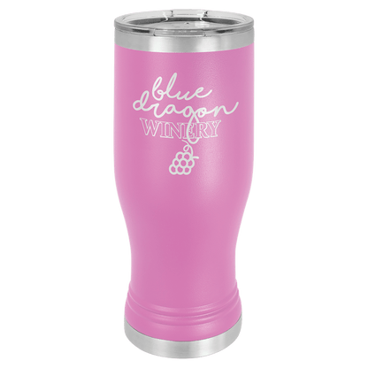 Personalized 20 oz. insulated stainless steel pilsner with clear lid and custom engraved name or design