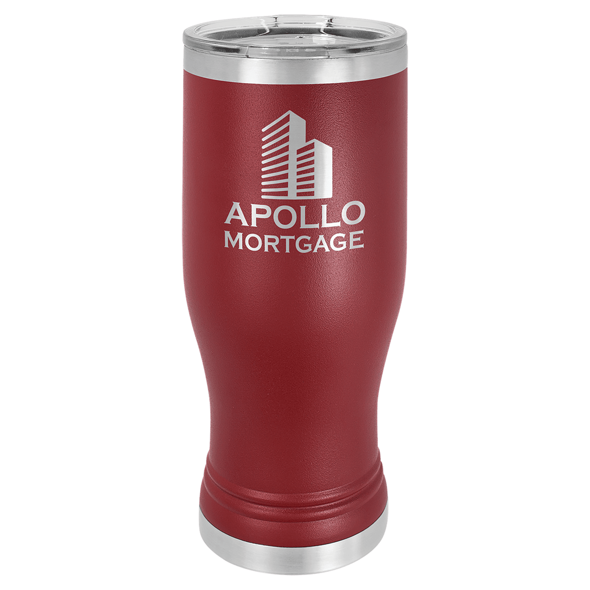 Personalized 20 oz. insulated stainless steel pilsner with clear lid and custom engraved name or design