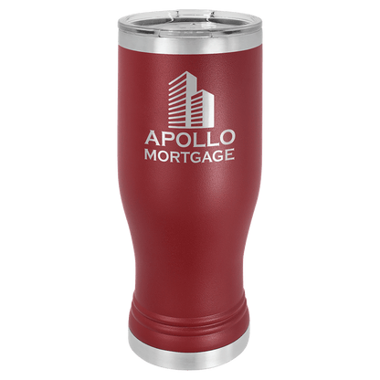 Personalized 20 oz. insulated stainless steel pilsner with clear lid and custom engraved name or design