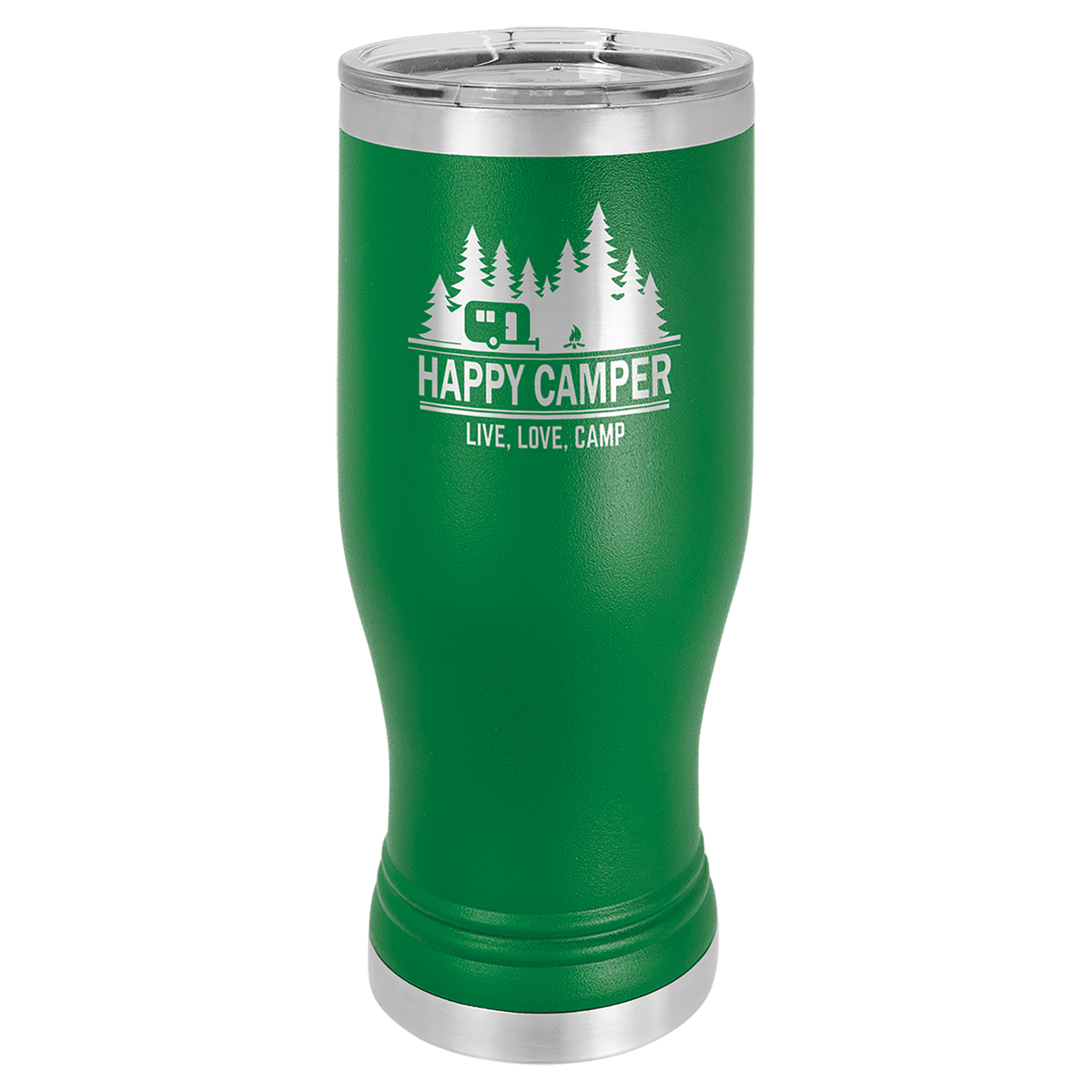 Personalized 20 oz. insulated stainless steel pilsner with clear lid and custom engraved name or design