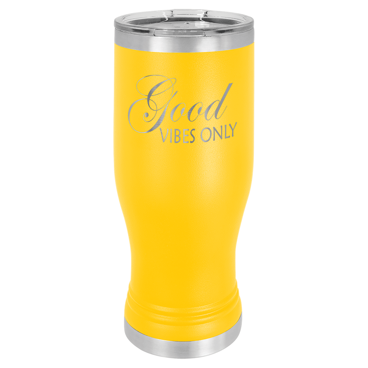 Personalized 20 oz. insulated stainless steel pilsner with clear lid and custom engraved name or design