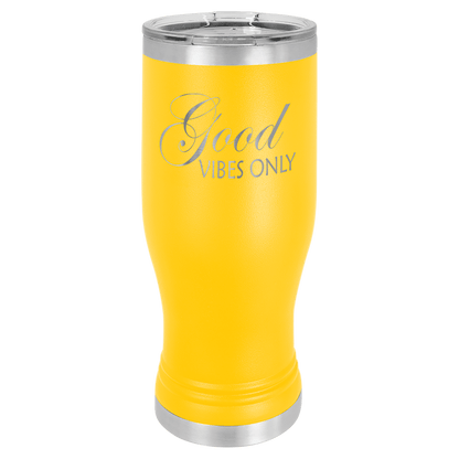 Personalized 20 oz. insulated stainless steel pilsner with clear lid and custom engraved name or design