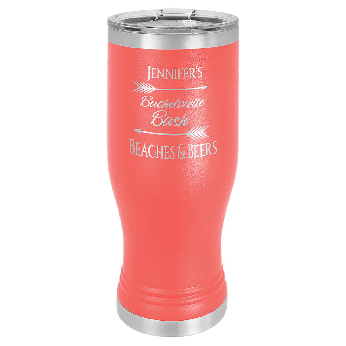 Personalized 20 oz. insulated stainless steel pilsner with clear lid and custom engraved name or design