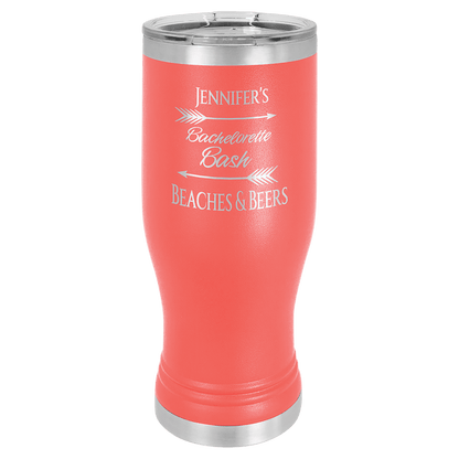 Personalized 20 oz. insulated stainless steel pilsner with clear lid and custom engraved name or design