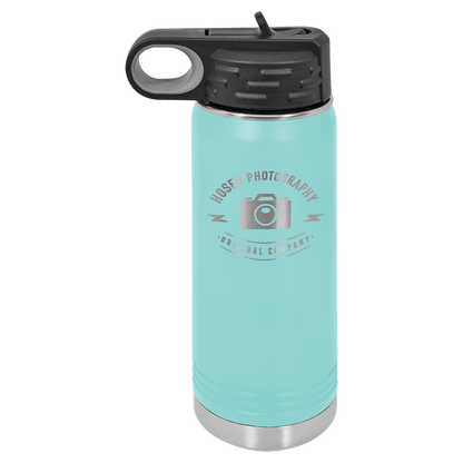 Personalized 20 oz. insulated stainless steel water bottle with flip-top lid and custom engraved name