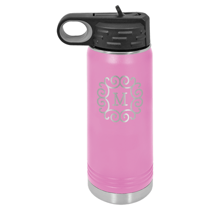 Personalized 20 oz. insulated stainless steel water bottle with flip-top lid and custom engraved name