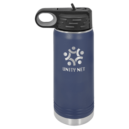 Personalized 20 oz. insulated stainless steel water bottle with flip-top lid and custom engraved name