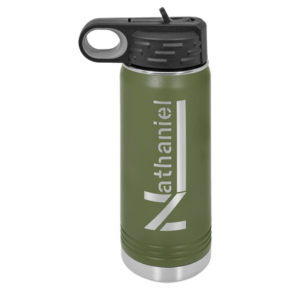 Personalized 20 oz. insulated stainless steel water bottle with flip-top lid and custom engraved name