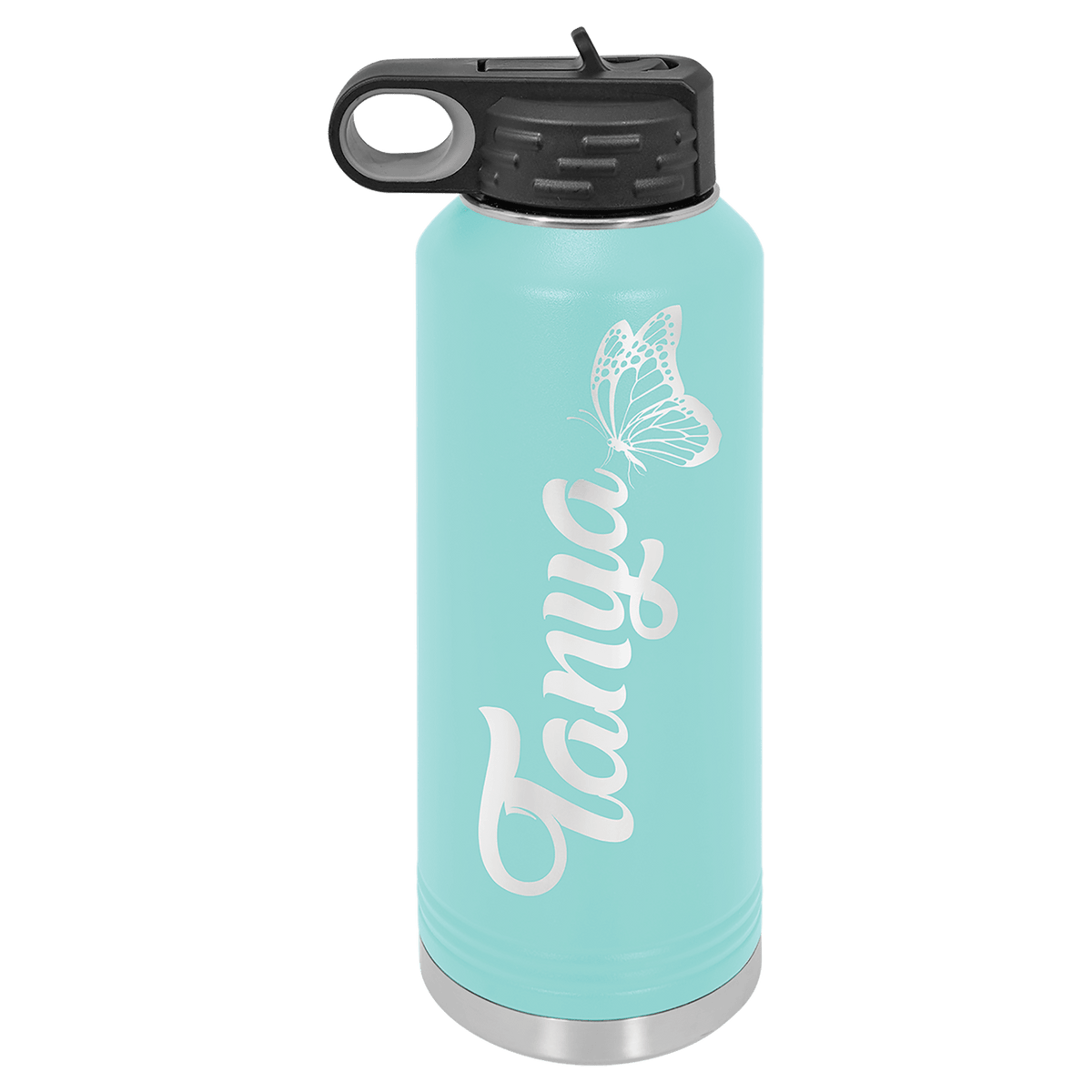 Personalized 40 oz. insulated stainless steel water bottle with flip-top lid and custom engraved name