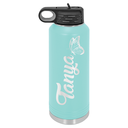 Personalized 40 oz. insulated stainless steel water bottle with flip-top lid and custom engraved name
