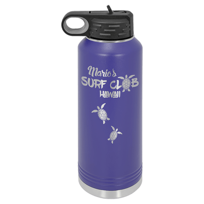 Personalized 40 oz. insulated stainless steel water bottle with flip-top lid and custom engraved name