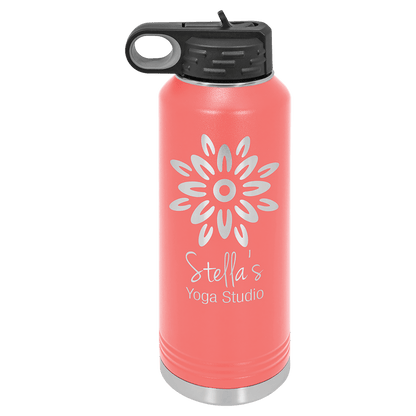 Personalized 40 oz. insulated stainless steel water bottle with flip-top lid and custom engraved name