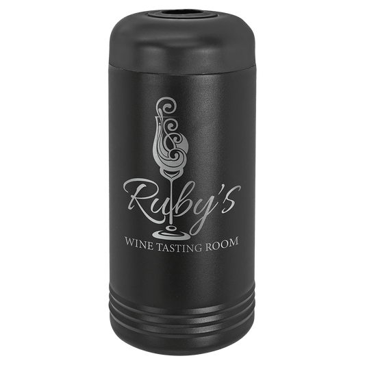 Personalized stainless steel wine bottle chiller engraved with custom name or message, keeps wine cold for hours