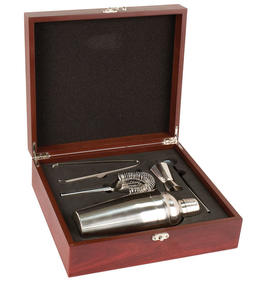 Personalized rosewood martini gift set with shaker, jigger, strainer, stirrer and tongs in presentation box