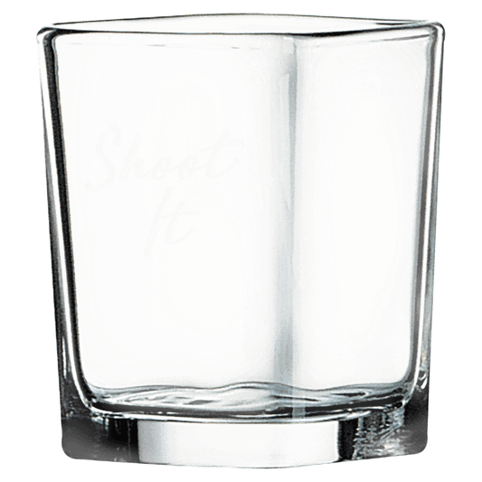 Personalized 2.25 oz. square clear glass shot glass with custom engraved name, date or message