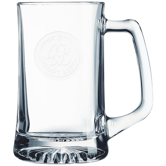 Personalized 25 oz. clear glass beer mug with handle engraved with custom name or message
