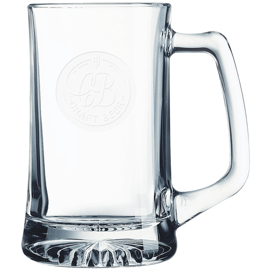 Personalized 14 oz. clear glass beer mug with handle engraved with custom name or message