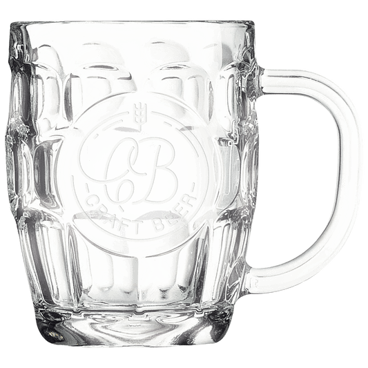 Personalized 20 oz. glass beer mug with handle and round engraving area, custom name or message etched in clear glass