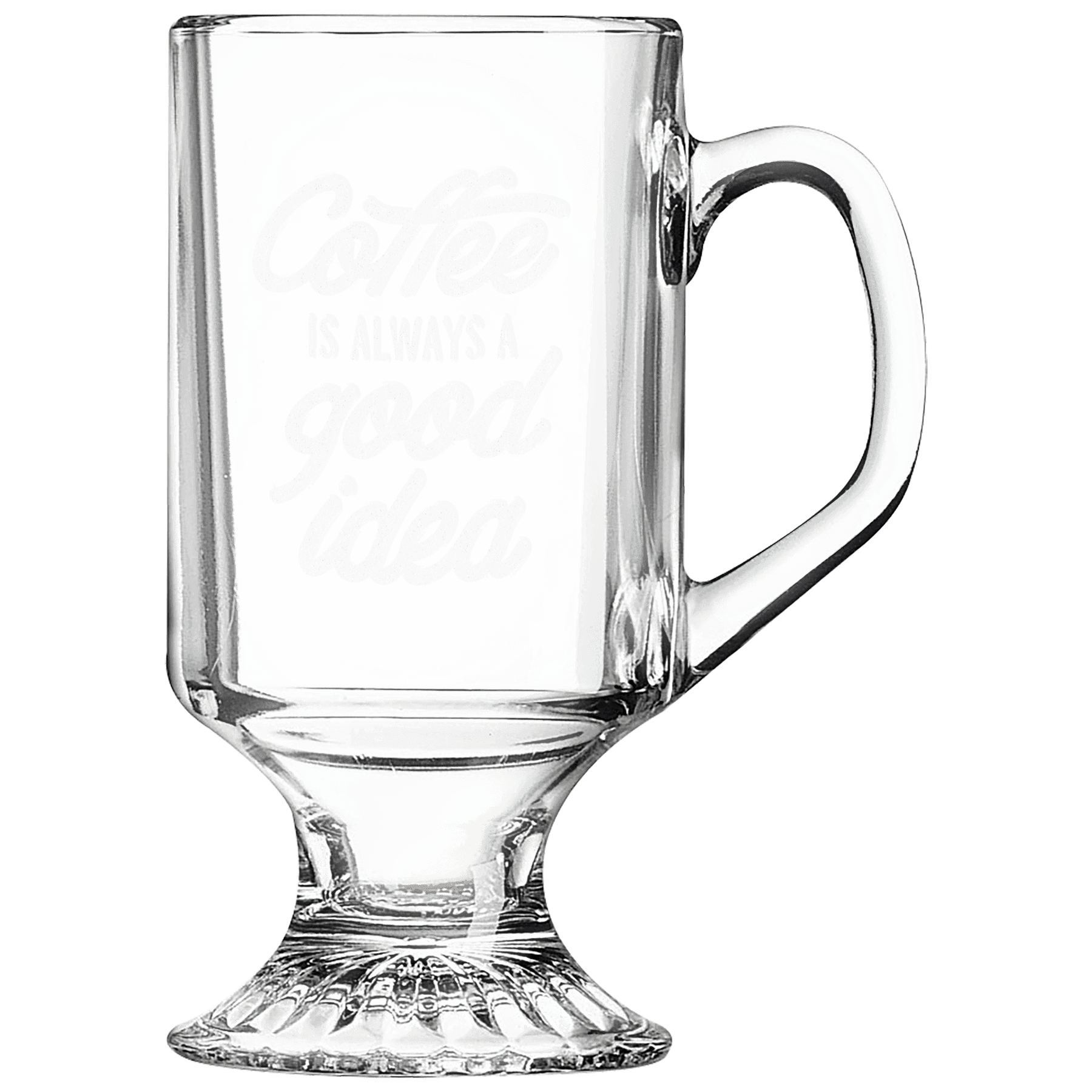 Personalized 10 oz. clear footed glass coffee mug with custom engraved name or message