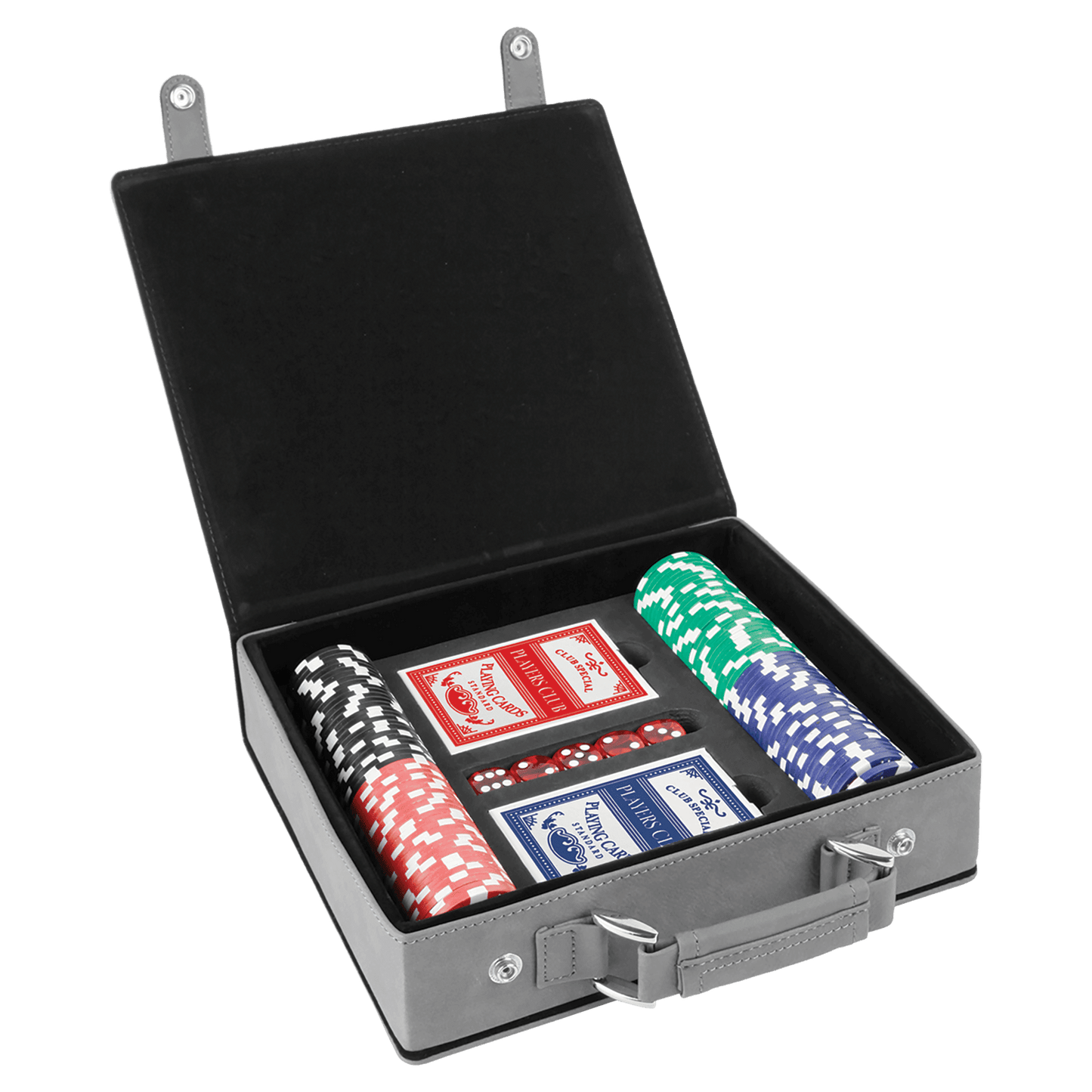 Gray/Black " laser engravable leatherette poker set personalized gift