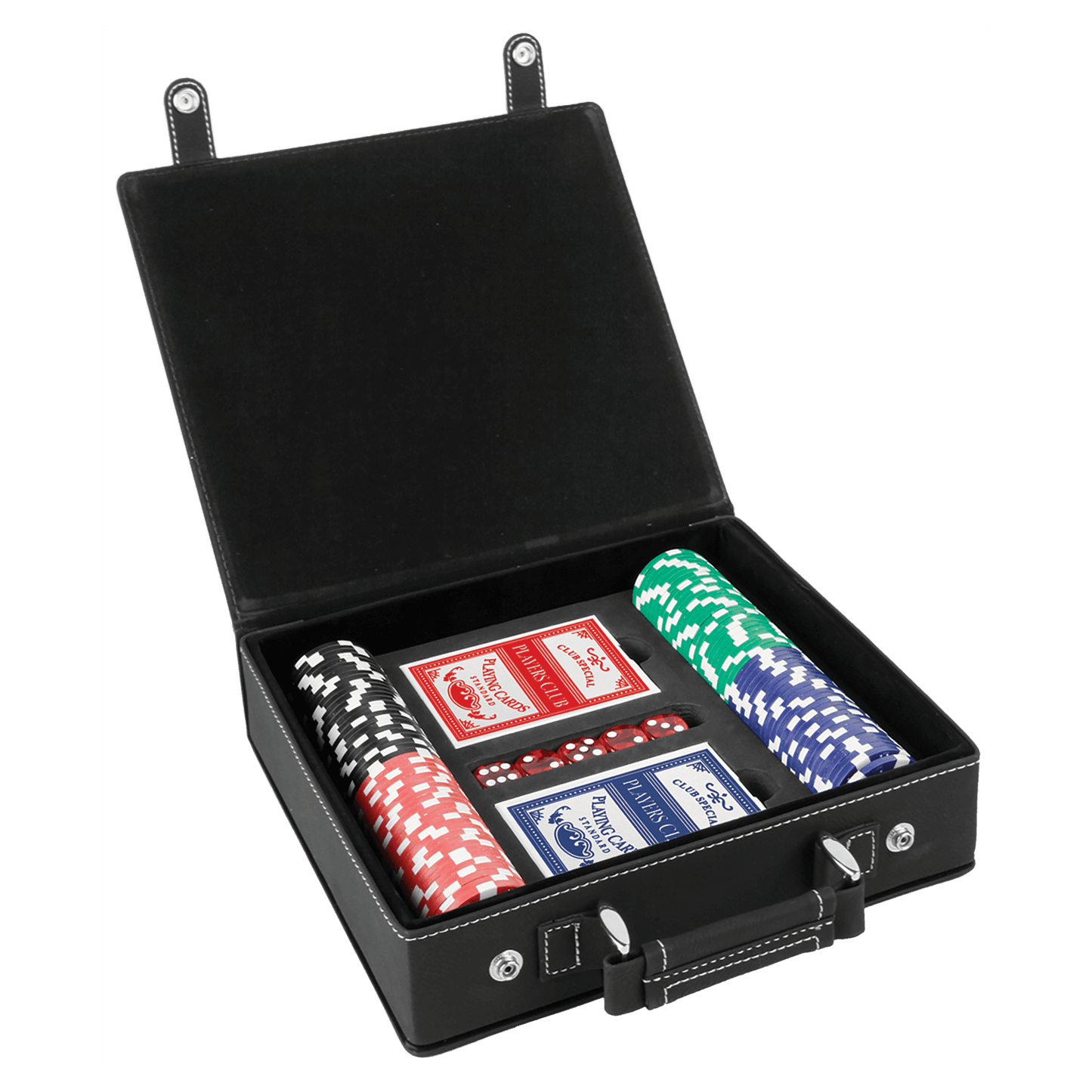 Black/Silver " laser engravable leatherette poker set personalized gift