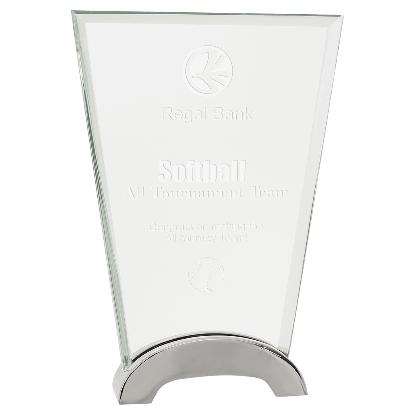 7 1/2" Fan Platinum Glass with Arch Metal Base glass award laser engravable