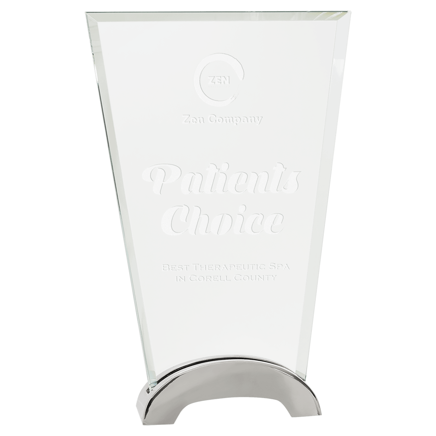 8 1/2" Fan Platinum Glass with Arch Metal Base glass award laser engravable