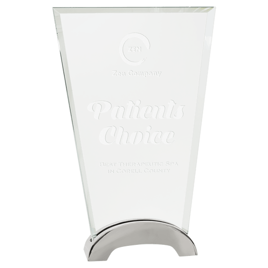 8 1/2" Fan Platinum Glass with Arch Metal Base glass award laser engravable