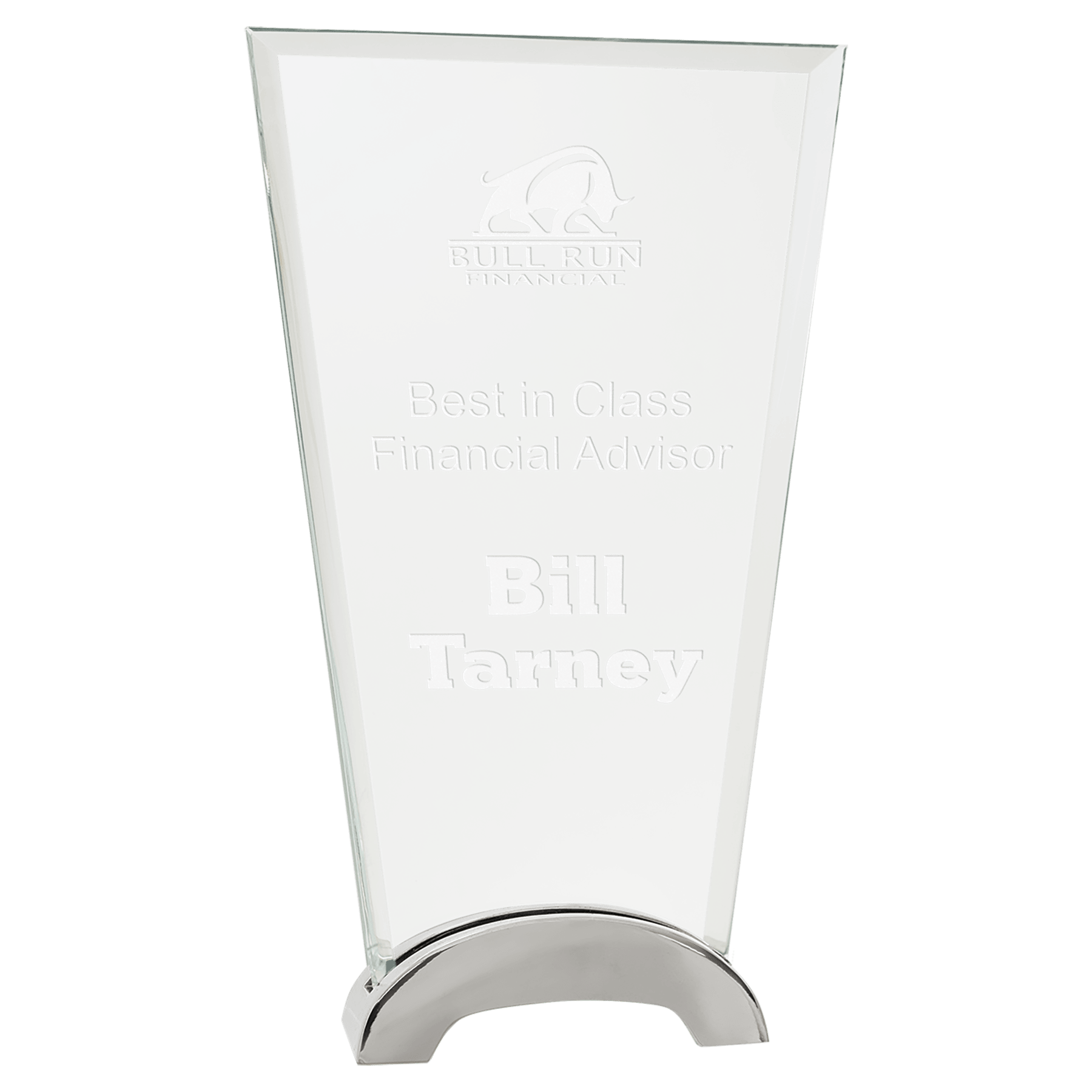9 1/4" Fan Platinum Glass with Arch Metal Base glass award laser engravable
