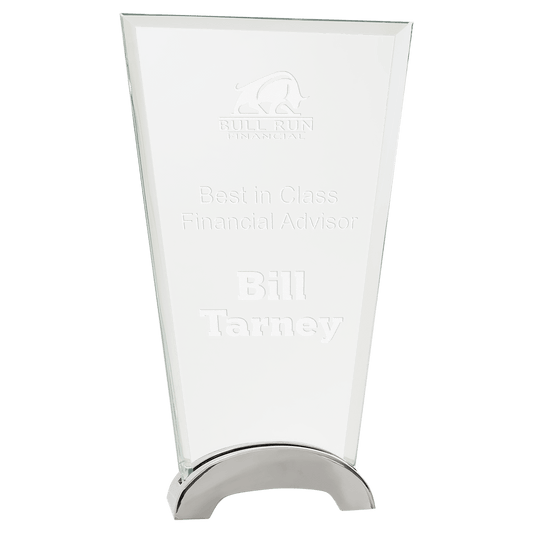 9 1/4" Fan Platinum Glass with Arch Metal Base glass award laser engravable
