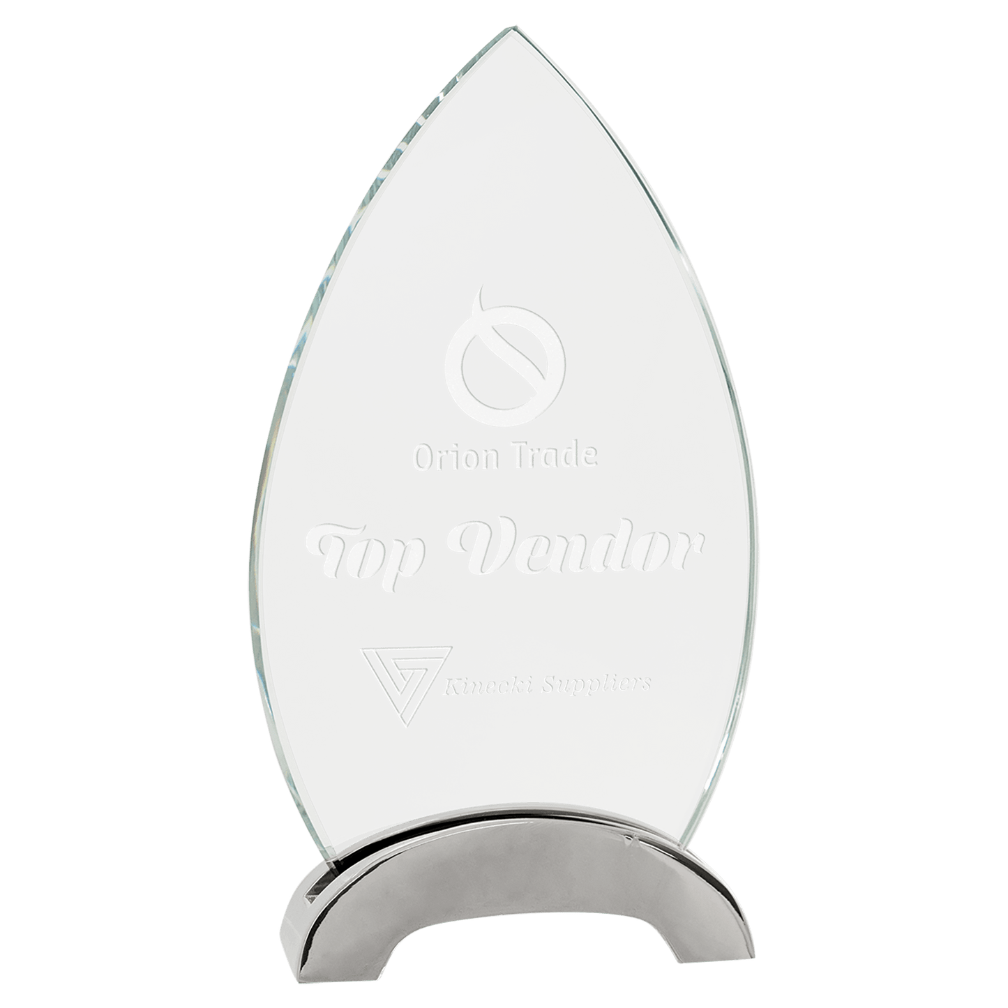 7 1/2" Oval Platinum Glass with Arch Metal Base glass award laser engravable