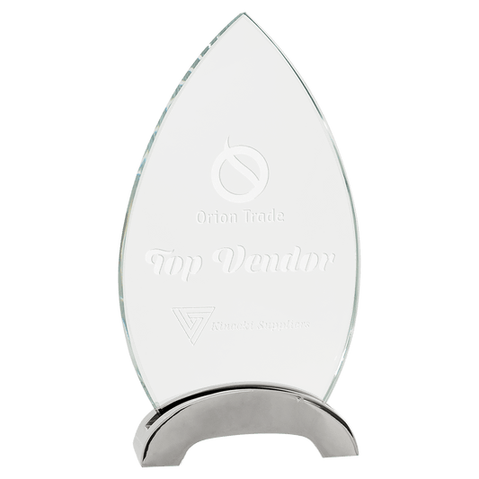7 1/2" Oval Platinum Glass with Arch Metal Base glass award laser engravable
