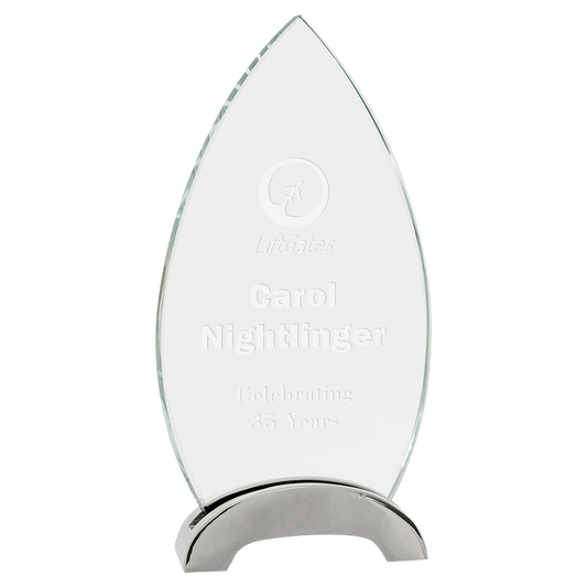8 1/2" Oval Platinum Glass with Arch Metal Base glass award laser engravable
