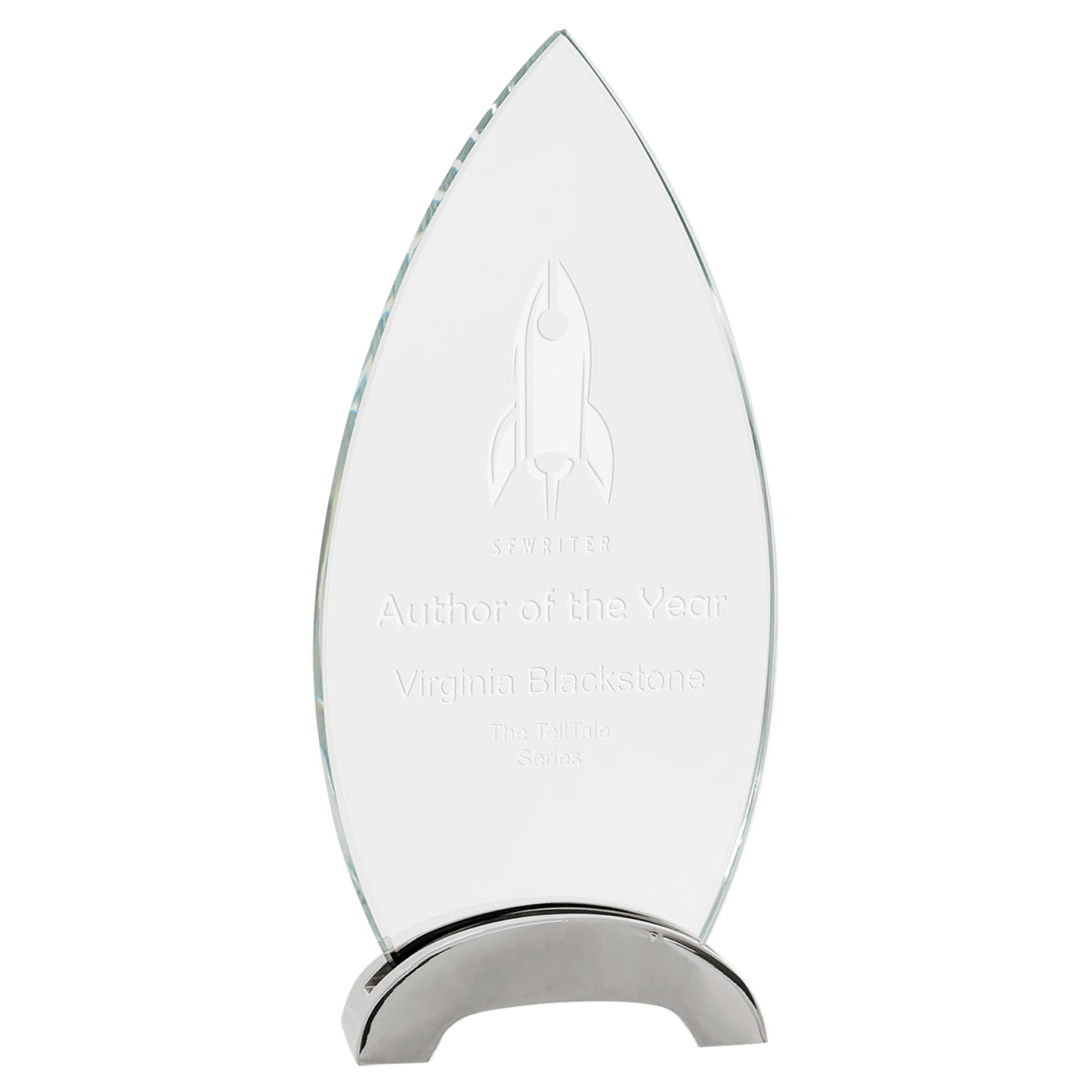 9 1/4" Oval Platinum Glass with Arch Metal Base glass award laser engravable