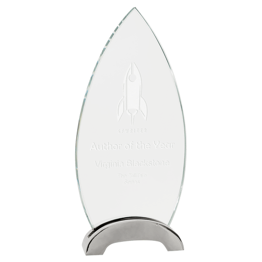 9 1/4" Oval Platinum Glass with Arch Metal Base glass award laser engravable
