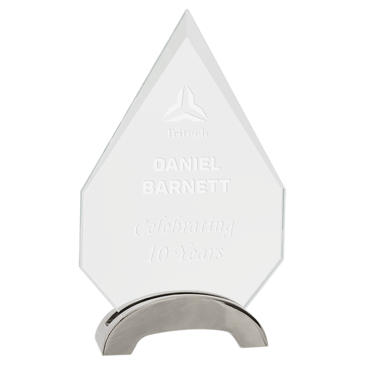7 1/2" Diamond Platinum Glass with Arch Metal Base glass award laser engravable