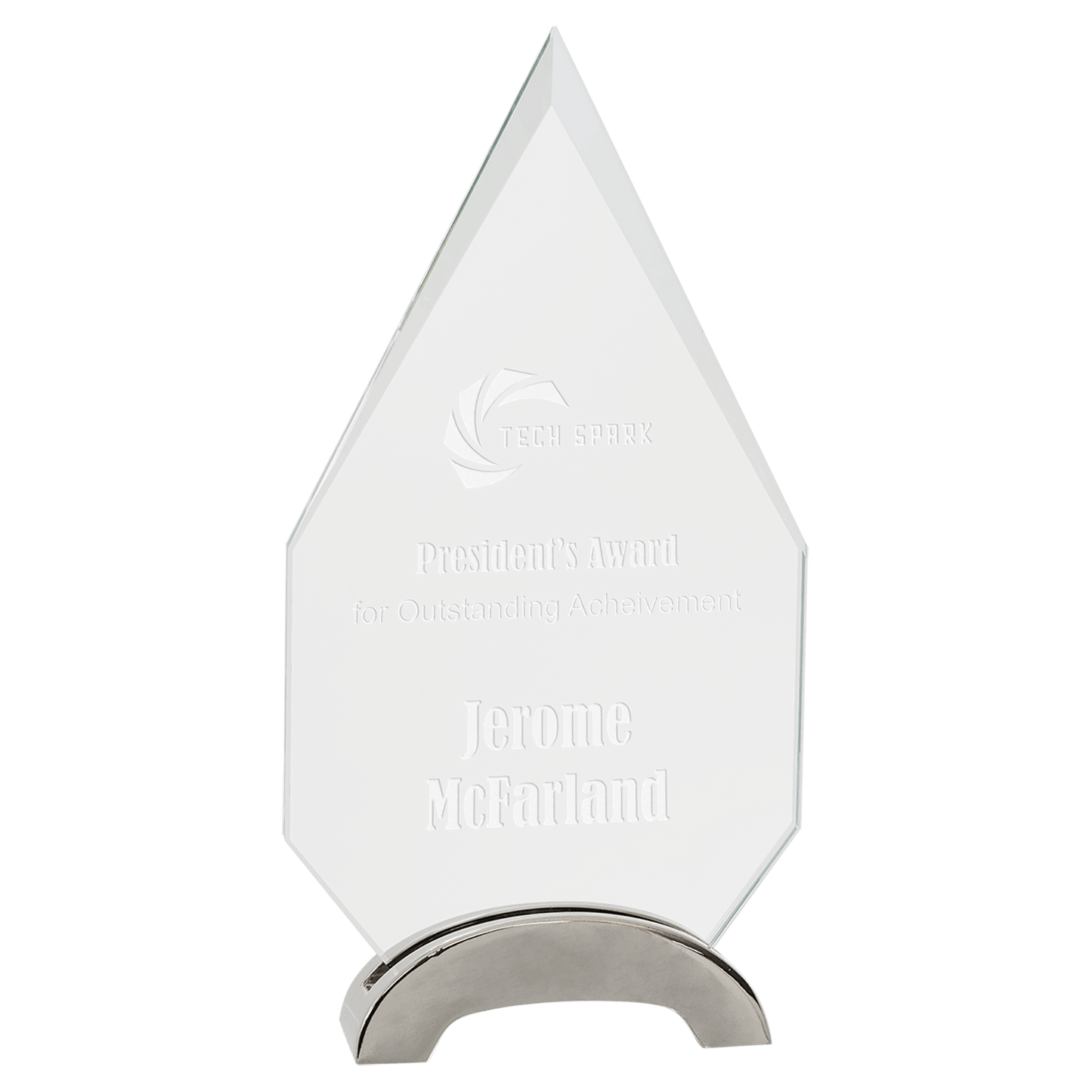 9 1/4" Diamond Platinum Glass with Arch Metal Base glass award laser engravable