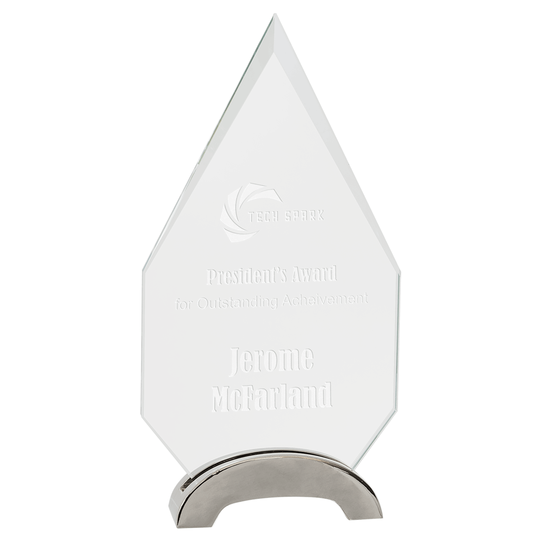 9 1/4" Diamond Platinum Glass with Arch Metal Base glass award laser engravable